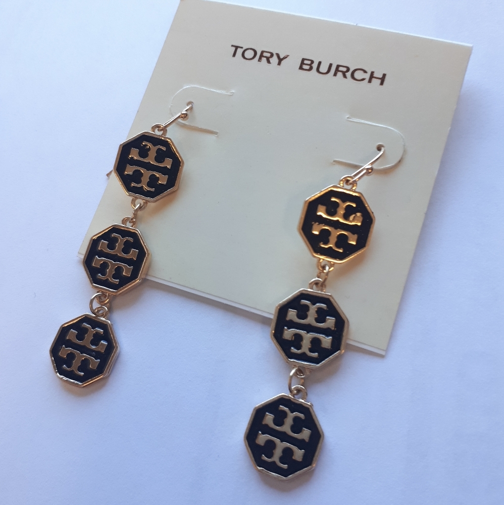NWT Tory Burch Dangle Earrings Black Gold